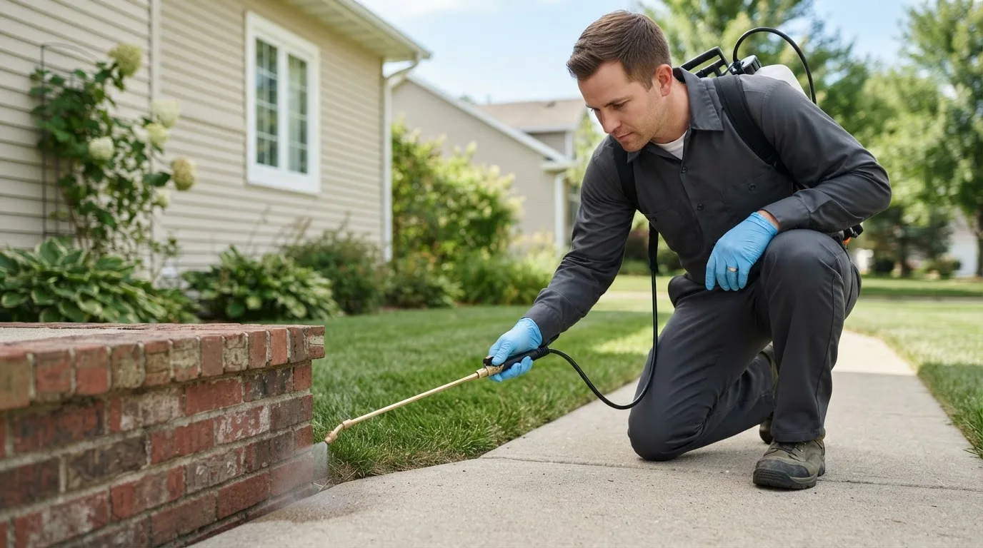 Pest control technician treating a home near Logan, IA